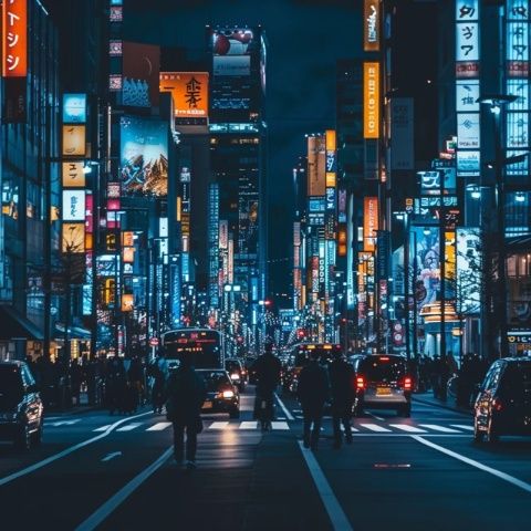城市夜色灯光璀璨,车水马龙的街头景色