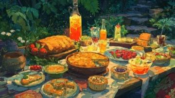 野餐调色盘用零食泼洒夏日的莫奈花园