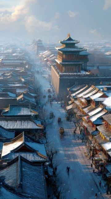 春雪装点下的景州塔广场