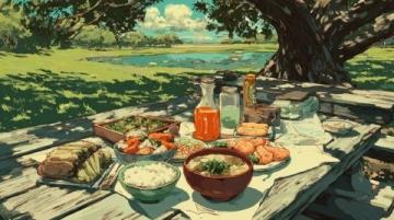 野餐调色盘用零食泼洒夏日的莫奈花园