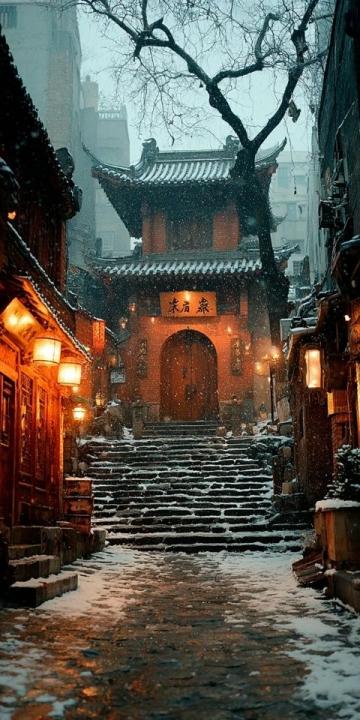 青岛清晨雨雪后的栈桥美景