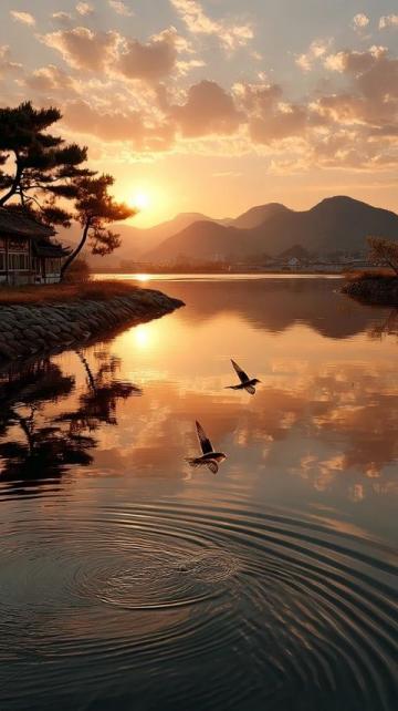 松滋县有个小镇边缘临大湖,大片水面映照着夕阳。